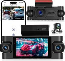 NHOPEEW 2K 4 kanalų 360° prietaisų skydelio vaizdo kamera - 3 colių prietaisų skydelio vaizdo kamera automobiliams su 4 kameromis, palaikoma įrašymo kilpa, G jutikliai, "WiFi" programėlės ryšys, naktinis matymas ir 24 valandų parkavimo stebėjimas
