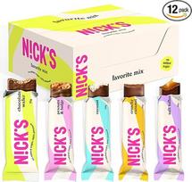 NICKS šokoladinis Keto batonėlis be pridėtinio cukraus, mėgstamo mišinio dėžutė su šokolado batonėliu, be glitimo, mažai angliavandenių turintys saldumynai be palmių aliejaus (degustacinė pakuotė su 12 užkandžių batonėlių)