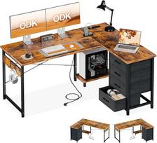 ODK kampinis rašomasis stalas su 4 stalčiais, 135 x 100 cm, L formos rašomasis stalas su kištukiniu lizdu ir USB įkrovimo prievadu, apverčiamas rašomasis stalas su laikymo vieta namų biure, Marrone Vintage