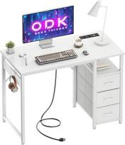 ODK mažas rašomasis stalas su 3 medžiaginiais stalčiais, 100 x 48 x 75,5 cm, kompiuterio stalas su 2 kištukiniais lizdais ir USB prievadais, apverčiamas kompiuterio stalas, nedidelio namų biuro stalas, baltos spalvos