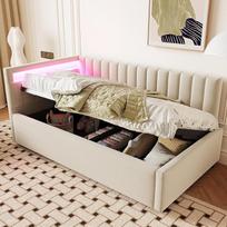 okwish sofa lova, viengulė lova, 90 x 200 cm, jaunimo lova, dienos lova, hidraulinė lova, funkcinė lova su LED galvūgaliu, minkštas lovos rėmas su lentjuostėmis, aksominės smėlio spalvos, be čiužinio