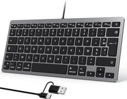 OMOTON laidinė klaviatūra, kompaktiška nešiojamoji klaviatūra su dviem sąsajomis (USB ir Type-C), prancūziška AZERTY klavišų išdėstymo schema, pilka