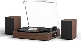 Patefonas su 2 išoriniais stereo garsiakalbiais | Retro patefonas su belaidžio atkūrimo funkcija, 2 greičiais, automatiniu sustabdymu ir RCA išėjimu