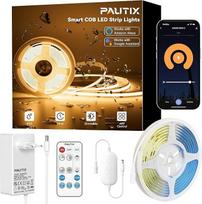 PAUTIX „Wi-Fi“ COB LED juosta, IP65, atspari vandeniui, 5 m, šilta balta (2700 K), 24 V, reguliuojamo ryškumo LED juosta, išmanioji LED juosta, suderinama su „Alexa“ ir „Google Assistant“, skirta svetainei / biurui (maitinimo šaltinis ir