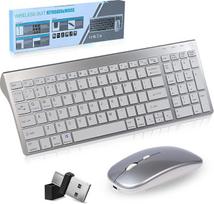 Pažangus belaidis klaviatūros ir pelės rinkinys, trys režimai „5-in-1“ (3 „Bluetooth“ + 2,4 GHz + USB-C), tylus, įkraunamas, itin plonas, su JAV QWERTY išdėstymu, skirtas kompiuteriui, stacionariam kompiuteriui, asmeniniam kompiuteriui ir nešiojamajam kom