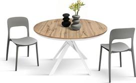 PAZZO DESIGN Gabri apvalus išskleidžiamas stalas, svetainės stalas, virtuvės stalas, baltos sukryžiuotos kojos, pagamintas Italijoje, kaimiškas ąžuolas, nuo 120 iki 170 cm - id_2177