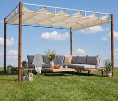 Pergola HWC-L42 Sodo pavėsinė Patio stoginė Tvirtas 7 cm metalinis rėmas 3 x 3 m Bambuko išvaizda Kreminė balta