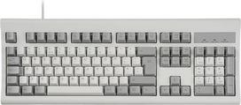 PERIXX „Periboard-106M“ laidinė USB klaviatūra, pilno dydžio, išlenkta, su ergonomiškomis klavišais, klasikinio retro stiliaus, pilka/balta, UK QWERTY