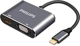 PHILIPS SWV6021/00 – USB-C į HDMI 4K ir VGA Full HD adapteris, USB Type-C į HDMI lizdą + VGA keitiklis, suderinamas su monitoriais, televizoriais, projektoriais, „MacBook“, nešiojamaisiais kompiuteriais ir planšetėmis, 15 cm laidas