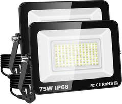 PICAA LED lauko prožektorius, 75 W LED prožektorius, IP66 vandeniui atsparus, 7500 LM apsaugos žibintas, 6500 K šaltai baltos spalvos lauko sieninis apšvietimas sodui, kiemui, garažui, terasai, sandėliui, su ES kištuku (2 vnt.)