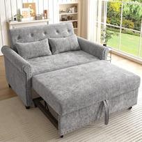 Pilka, moderni 3-in-1 sofa-lova su miego funkcija, dvivietė sulankstoma sofa su 3 kryptimis reguliuojamu atlošu, išskleidžiama svečių lova, pagaminta iš aukštos kokybės šenilio audinio