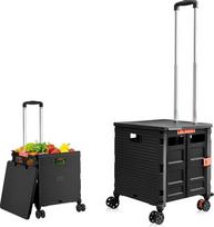 Pirkinių vežimėlis, sulankstomas transportavimo vežimėlis, skirtas iki 80 kg svorio kroviniams, su dangčiu ir teleskopine rankena, 4 ratai, juodas sulankstomas pirkinių vežimėlis