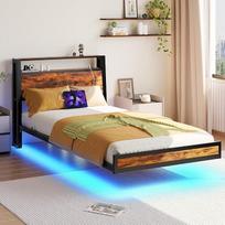 Plaukiojantis lovos rėmas su įkrovimo stotele ir LED žibintais, medinis galvūgalis su lentynomis, tvirtos metalinės lentjuostės, nereikia spyruoklių, be triukšmo, lengvai surenkamas, juodas