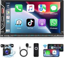 Podofo Double DIN Car Radio with Wireless Apple Carplay Android Car, 7 Inch Touchscreen Car Radio 2 DIN with Bluetooth, EQ, USB, RDS/FM/AUX, SWC + AHD Reversing Camera and Mic