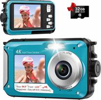 Povandeninė kamera, 4K, 64 MP, 16 pėdų atspari vandeniui kamera su 32GB kortele | Dvigubi ekranai asmenukėms, automatinis fokusavimas, 16 kartų skaitmeninis priartinimas, vandeniui atspari skaitmeninė kamera snorkelingui su 1250 mAh baterija