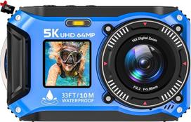Povandeninis fotoaparatas, 5K, 64 MP, 33 pėdų atsparus vandeniui skaitmeninis fotoaparatas | Automatinis fokusavimas, savarankiškos nuotraukos su dviem ekranais, 1500 mAh baterija, 16 kartų skaitmeninis priartinimas – povandeninis fotoaparatas snorkelingu