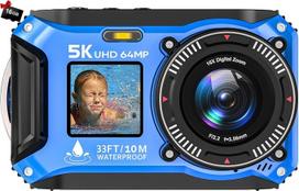 Povandeninis fotoaparatas, 5K, 64 MP, 33 pėdų atsparus vandeniui skaitmeninis fotoaparatas | Automatinis fokusavimas, savarankiškos nuotraukos su dviem ekranais, 1500 mAh baterija, 16 kartų skaitmeninis priartinimas, povandeninis fotoaparatas snorkelingui