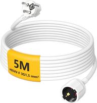 Prailgintuvas 5 m, plastikinis prailgintuvas su apsauginiu kištuku ir lizdu, H05VV-F 3G 1,5 mm² "Schuko" maitinimo kabelis (16A/250V, 3500W, IP20), skirtas naudoti patalpose, baltos spalvos