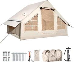 Pripučiama stovyklavimo palapinė su oro pompa, Glamping lauko palapinė 2-4 žmonėms, 300 x 210 x 200 cm, vandeniui ir vėjui atspari Oksfordo namelio palapinė su tinkliniu langu ir durimis, 4 sezonai