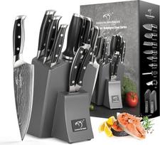Profesionalus japoniško damaskinio plieno virtuvinių peilių rinkinys iš 9 dalių su mediniu blokeliu, kuriame yra virėjo peilis, duonos peilis, peilis "Santoku", komunalinis peilis ir peilis "Paring", viskas dovanų dėžutėje, pilka spalva