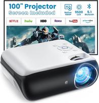 Projektorius, mini projektorius 4K su „Bluetooth“ 5.1, nešiojamas namų kino multimedijos projektorius, 10 000 liuksų, su 100 colių ekranu, suderinamas su HDMI, USB, AV, išmaniaisiais telefonais, nešiojamaisiais kompiuteriais, TV Stick ir PS5