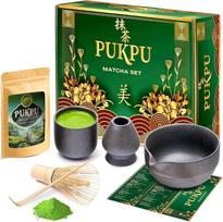 PUKPU Matcha arbatos rinkinys - japoniškas ceremonijų rinkinys su Matcha milteliais, bambukine šluotele Chasen, Chashaku šaukšteliu, Matcha dubenėliu ir sieteliu - tradicinis dovanų rinkinys arbatos mėgėjams ir pradedantiesiems
