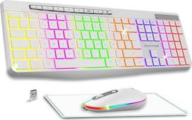 R tipo belaidės pelės klaviatūros klaviatūros rinkinys Tylus neslystantis kilimėlis RGB apšviesta optinė LED pelė 1600 DPI įkraunama, skirta "Mac" kompiuteriams ir nešiojamiesiems kompiuteriams