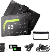 R7X 7 colių motociklo ekranas su saulės skydeliu – belaidis „CarPlay“ ir „Android Auto“, greito atsegimo laikiklis, TPMS ir RPM duomenys realiuoju laiku, veiksmo kameros valdymas, 1200 nitų, 60 kadrų per sekundę, IP69K atsparumas vandeniui