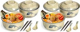 Ramen dubenėlių rinkinys su šaukštu ir lazdelėmis, 2 vnt. po 800 ml talpos japonų ramen dubenėlių su dangčiais, keraminiai sriubos dubenėliai, porcelianiniai stalo reikmenys – su žuvų motyvu (2 vnt. rinkinys)