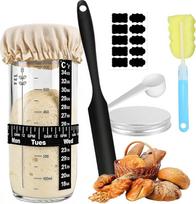 Raugo starterio rinkinys, 730 ml raugo stiklinė, duonos kepimo priedai su aliuminio dangteliu, fermentacijos šluoste, temperatūros juosta, etikete, silikonine mentele, data pažymėta fermentacijos stiklinė