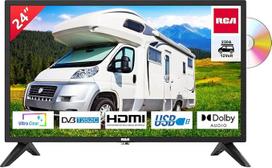 RCA RD24H2CU 24 colių (60 cm) televizorius su įmontuotu DVD grotuvu, skirtas nameliams ant ratų ir karavanams 12 V automobilinis adapteris, "Dolby Audio", trigubas DVB-C/T2/S2 imtuvas, HDMI, USB, skaitmeninis garso išėjimas, 230 V/12 V