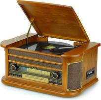 Retro patefonas, CD grotuvas, kasetės grotuvas, „Bluetooth“, FM radijas, USB, skaitmeninimas, 3 greičiai, įmontuoti garsiakalbiai