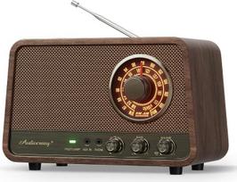Retro stiliaus medinis AM/FM „Bluetooth“ radijas su galingu 10 vatų garsu, retro stiliaus „Bluetooth“ garsiakalbis-radijas su gintaro spalvos skale, žemų dažnių reguliatoriumi, „Aux“ įvestimi, ausinių lizdu, skirtas