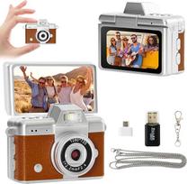 Retro stiliaus mini skaitmeninis fotoaparatas, fotoaparatas su mažu ekranu, 1,3 colio 1080P fotoaparatas, retro stiliaus fotoaparatas su 64GB atminties, sulankstomu ekranu ir klasikinio stiliaus dizainu (rudas/sidabrinis)