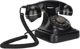 Retro stiliaus senovinis telefonas su skambinimo disku, skirtas fiksuotam ryšiui. Senamadiški telefonai. Namų telefonai. Laidiniai staliniai telefonai, skirti biurui, kavinei, barui ar miegamojo interjerui.