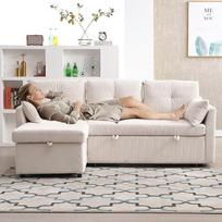 REXO daugiafunkcinė sofa-lova su saugykla ir ištraukiama lova, keičiamas šezlongas, sekcinė sofa su saugyklomis, modulinė L formos sofa, modulinis kampas gyvenamiesiems kambariams (smėlio spalvos)