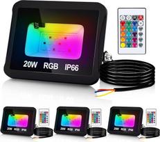 RGB LED lauko prožektorius, 4 x 20 W su nuotolinio valdymo pultu, RGB prožektorius, LED sodinis prožektorius su reguliuojamu šviesos stiprumu, 16 spalvų, 4 režimai, IP66 atsparumas vandeniui, atminties funkcija, skirtas vakarėliams lauke