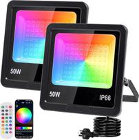 RGB LED prožektorius, 50 W, RGB prožektorius su 360° nuotolinio valdymo pultu, 2 vnt. rinkinys | RGB prožektorius lauke su „Bluetooth“ programėle, IP66 atsparus vandeniui, RGB prožektorius, išmanusis vakarėlių apšvietimas scenai, šventėms, sodui, Helovinu