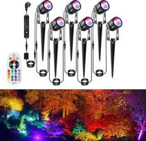 RGB sodo šviestuvas, 21 m, 6 spalvoti sodo prožektoriai su maitinimo įžeminimo kaiščiu, 12 V, 3 W, 1800 lm, spalvotas sodo apšvietimas, IP65, atsparus vandeniui, LED sodo lempa su nuotolinio valdymo pultu ir laikmačiu, skirta sodui, vejai, kiemui ir tvora