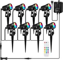 RGB sodo apšvietimas – lauko LED šviestuvai su nuotolinio valdymo pultu, laikmačiu, maitinimo šaltiniu, 3 W reguliuojamo ryškumo sodo prožektoriais, 8 vnt. rinkinys, IP65 atsparumas vandeniui ir jutiklio funkcija, skirta lauko sąlygoms, sodui, terasai, me