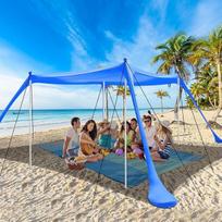riggoo Paplūdimio palapinė, saulės burė, paplūdimio 3 × 3 m, SPF 50+, su smėlio kastuvu, kaiščiais ir stabilumo stulpais, apsauga nuo vėjo, apsauga nuo saulės, paplūdimys lauke, kempingai, žvejyba, pramogos sode arba