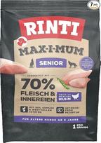 RINTI - "Max-i-Mum Senior" sausas ėdalas vyresniems šunims nuo 8 metų su 70 % mėsos ir subproduktų. Visavertis ėdalas be grūdų su subalansuotu baltymų ir riebalų santykiu 7 x 1 kg vištienos