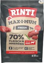 RINTI – „Max-i-Mum“ sausas maistas suaugusiems šunims su 70 % mėsos ir subproduktų. Be grūdų pilnavertis maistas maiše su subalansuotu baltymų ir riebalų santykiu, 7 x 1 kg, jautiena