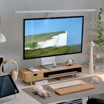 ROCDEER Bambio monitoriaus stovas su stalčiumi, ergonomiškas kompiuterio stalo stovas su kabelių valdymo ir saugojimo organizatoriumi, medinis namų biuro monitoriaus stovas, bambuko dvigubo monitoriaus lentyna