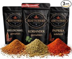 Rytietiškų prieskonių rinkinys – kmynai, kalendros ir pipirai „Edelsüß“ („Krautschmaus“) – prieskoniai rytietiškai virtuvei – puikiai tinka kuskusui, mezze ir ryžių patiekalams, po 200 g kiekvienas