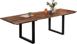 SAM Adina valgomojo stalas 140 (220) x 90 cm, akacijos medžio, riešutmedžio spalvos, su natūraliais kraštais, juodos spalvos | „Wane“ stalas iš masyvios akacijos medienos, riešutmedžio spalvos, išsiskleidžiamas, 26 mm storio stalviršis, su 2 papildomomis