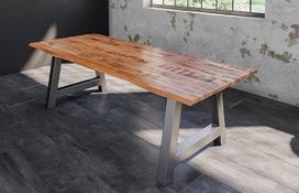 SAM Dora valgomojo stalas 300 x 100 cm, lakuotas natūralios spalvos mangmedžio masyvo stalas su sidabro spalvos metaliniu rėmu, 26 mm storio tikros medienos lazdele