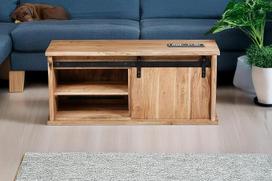 SAM Lian Kavos staliukas Akacijų medienos masyvas Natūrali spalva 110 x 45 x 50 cm 4 skyriai Medinės stumdomos durys Ketaus elementai