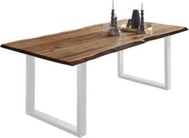 SAM Noah valgomojo stalas 200 x 100 cm Real Wane, valgomojo stalas iš akacijos medienos, riešutmedžio spalvos ir masyvo, baltas U formos rėmas, Wane, stalas su 26 mm stalviršiu