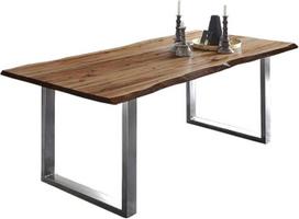 SAM Noah valgomojo stalas 140 x 80 cm, akacijos medžio, riešutmedžio spalvos kraštai, U formos rėmas iš nerūdijančio plieno | Stalas su natūraliais kraštais, masyvus, pagamintas iš akacijos medžio, riešutmedžio spalvos, 26 mm storio stalviršis, valgomojo